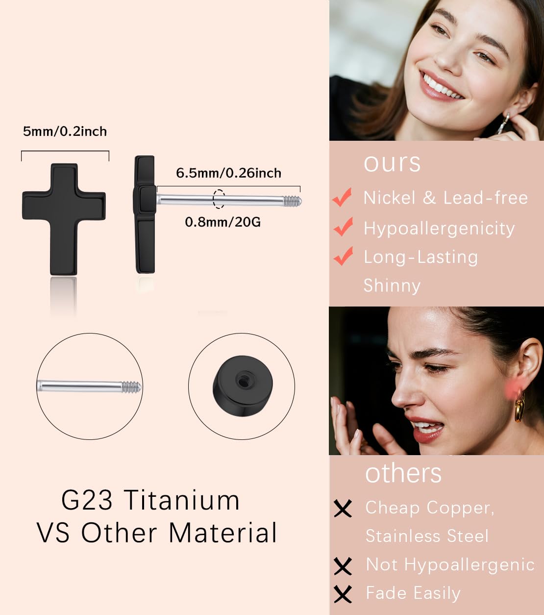 Limerencia Titanium Stud Earrings - Hypoallergenic Earrings for Women Men Sensitive Ears - Minimalist Jewelry Flatback Cross Bolt Cartilage Earrings,Gold Tone