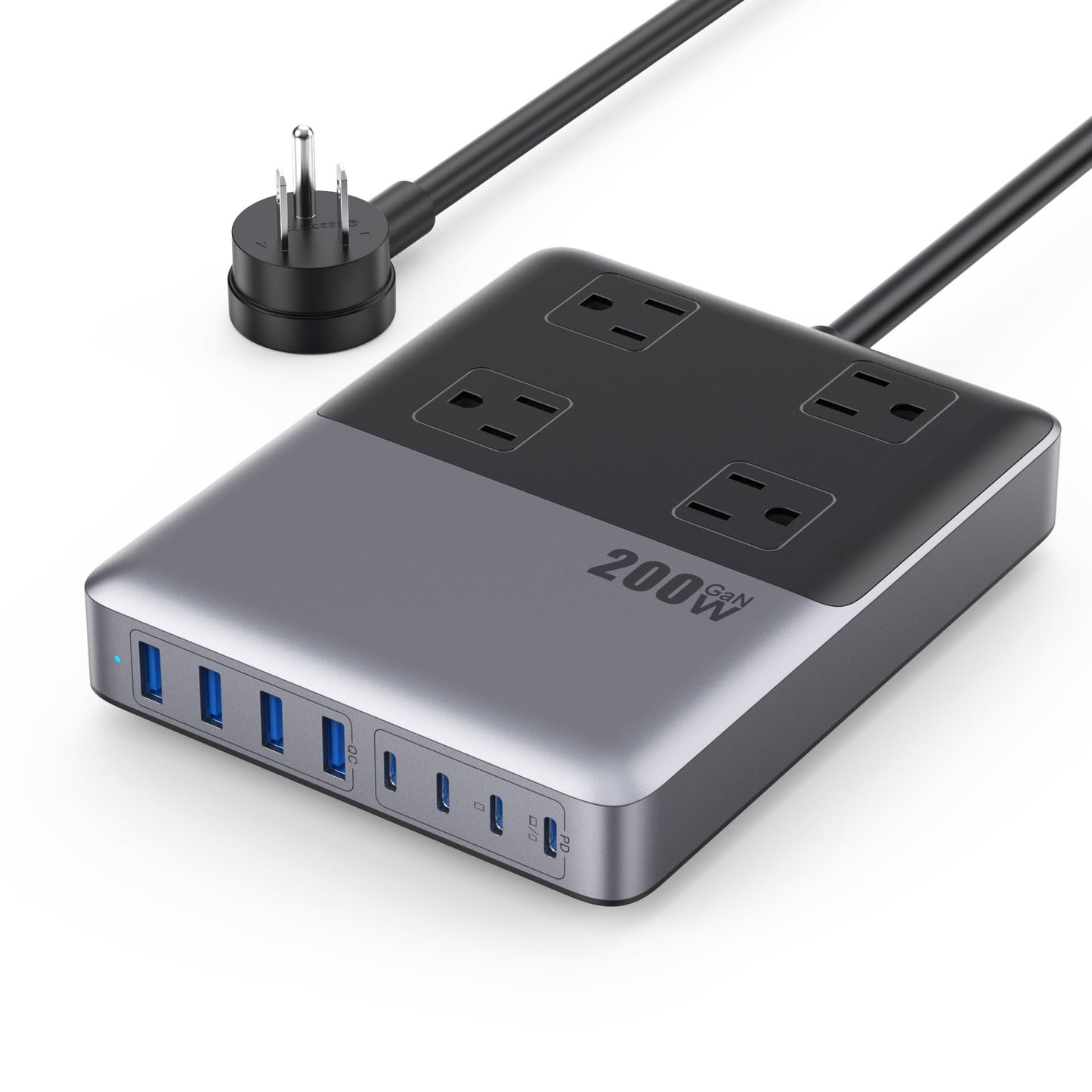 12-in-1 Charging Station USB C Power Strip with 5ft Cord and Plug,200W GaN IV USB C Charger Block,4 AC Outlets,8 USB for MacBook,iPhone 17/16/15,Fast Charging Desktop Charger for Office,Home