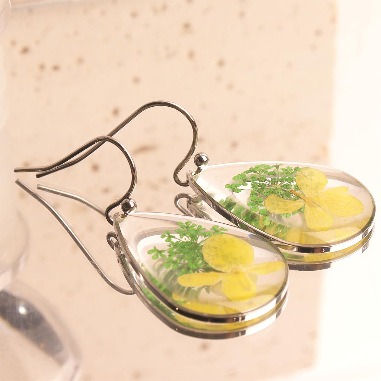 JeanBeau Handmade Pressed Flower Earrings for Women, Unique Resin Nature Dried Flowers Sterling Silver Teardrop Dangle Drop Statement Yellow Lime Green Floral Earings Fashion Summer Jewelry Gift
