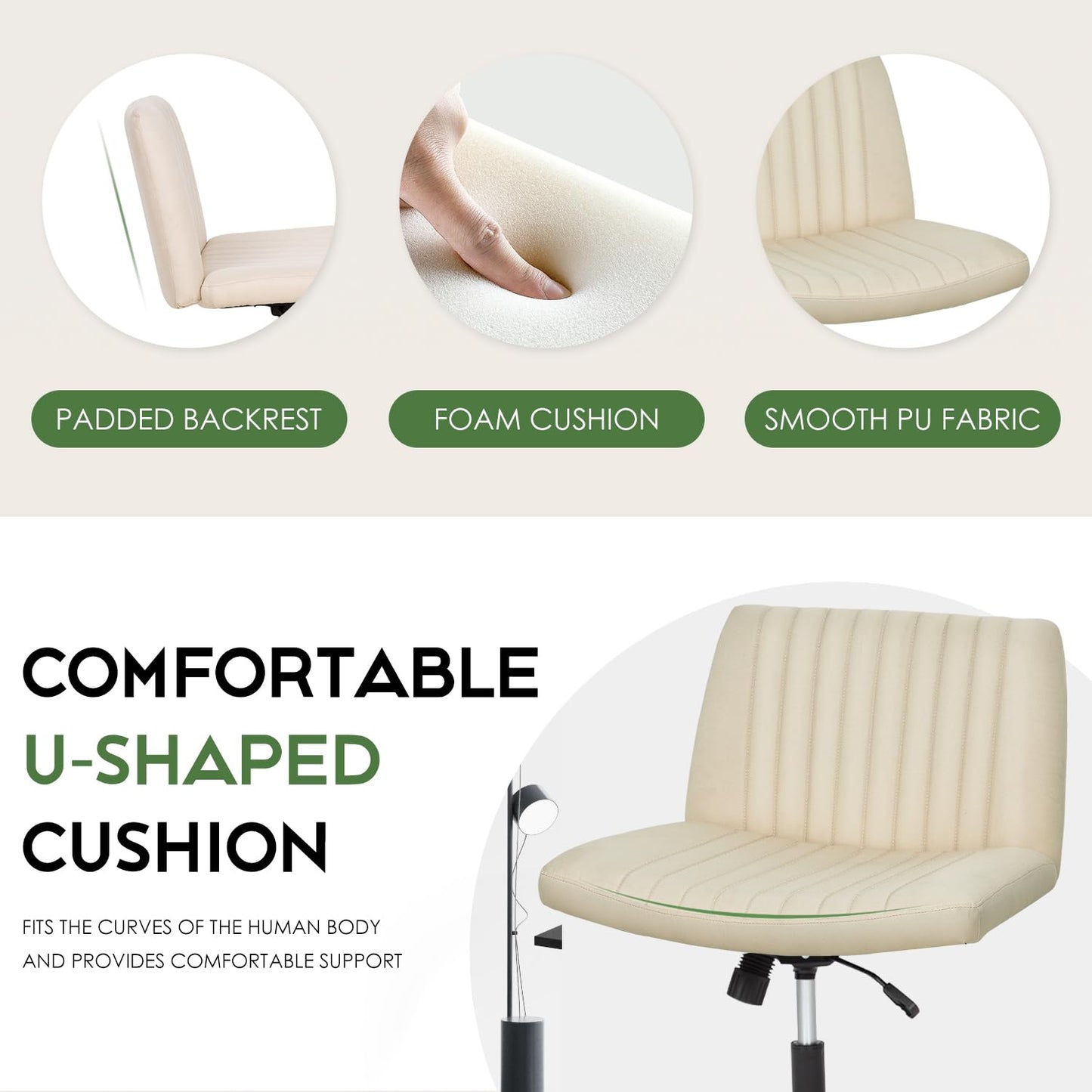 PayLessHere Criss Cross Chair,Armless Cross Legged Office Chair,Wide Comfty Desk Chair with No Wheels Modern Height Adjustable,Swivel Fabric Vanity Chair Computer Task Chair (Pack of 2, Beige)
