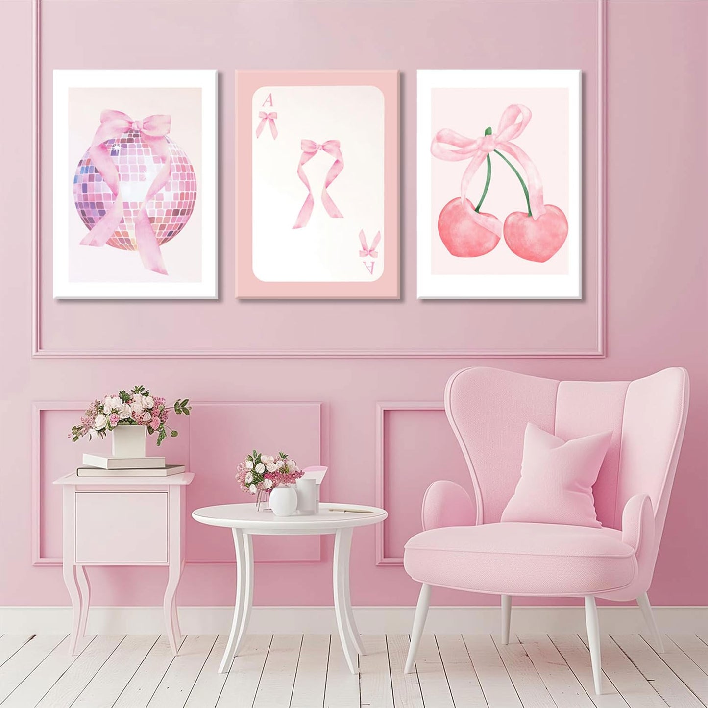 MTFBWY Pink Coquette Wall Art Canvas Prints Set of 3, Pink Bow Disco Ball & Cherry Aesthetic Room Decor, Complete Set Preppy Posters for Girls Bedroom Dorm Gift, Ready to Hang 12x16in