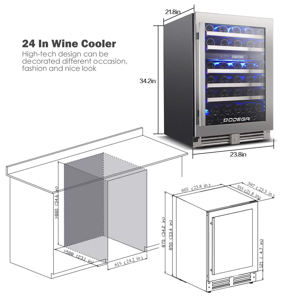 BODEGA 24 Inch Dual Zone Wine Cooler, 56 Bottle Wine Refrigerator, Built-In or Freestanding Wine Fridge, Fast & Quiet Cooling for Red, White, Sparkling Wines.