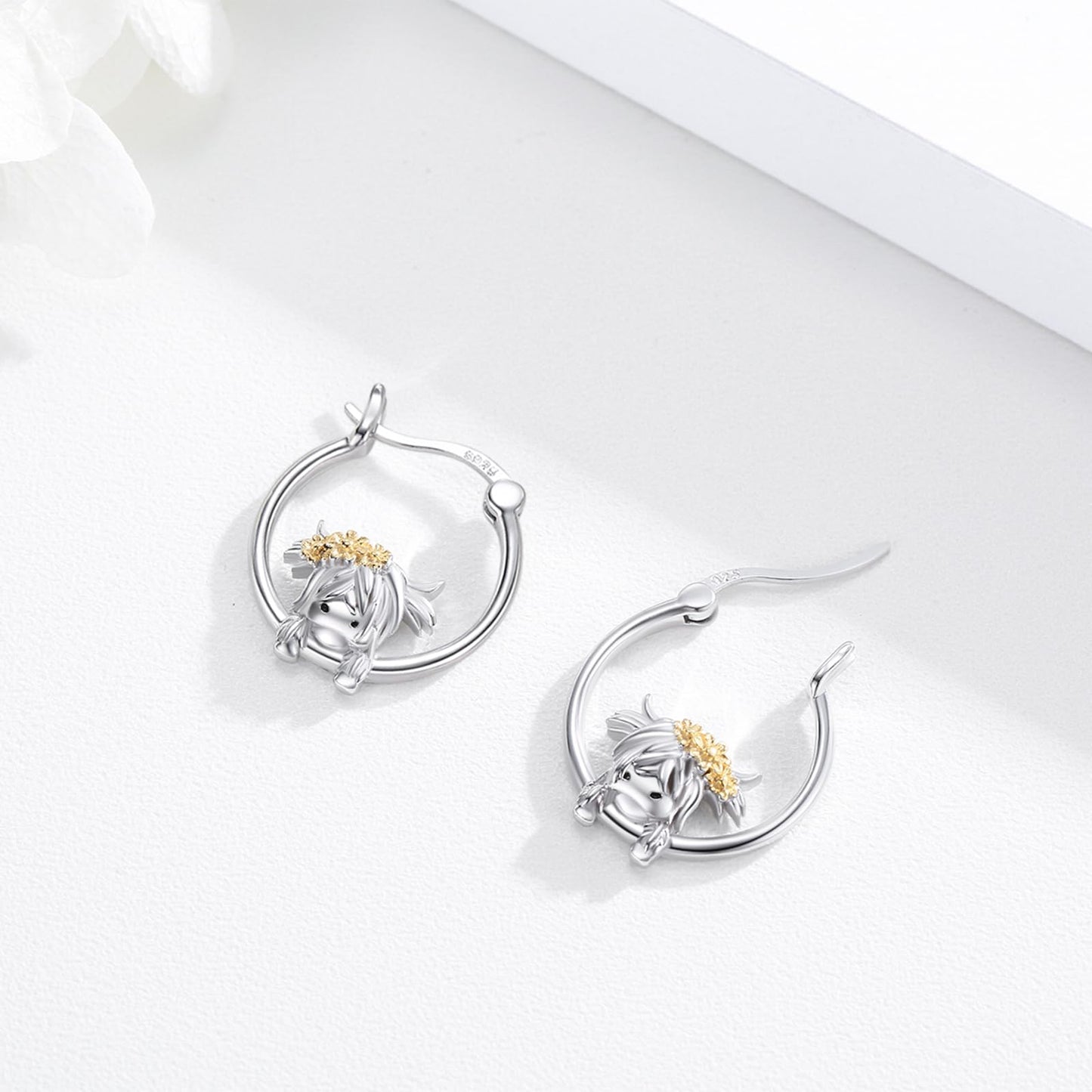 JUSTKIDSTOY Highland Cow Earrings 925 Sterling Silver 18mm Cute Cow Sunflower Huggie Hoop Earrings Jewelry Highland Cow Gifts for Women Daughter