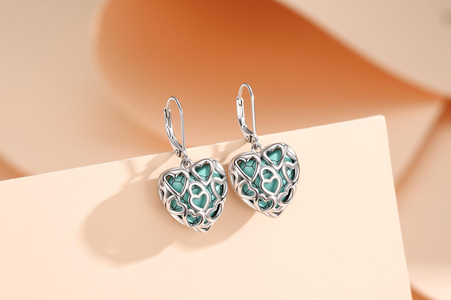 Heart Turquoise Jewelry for Women-Genuine Turquoise Leverback Earring 925 Sterling Silver Dangle Drop Earrings Vintage Gifts for Valentine/Mother's Day/Christmas