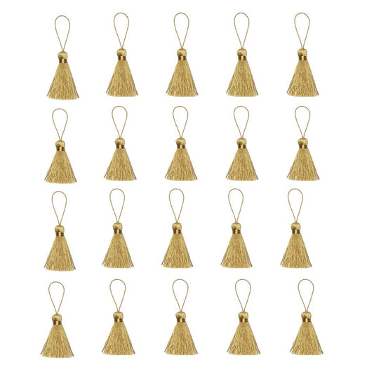 20pcs 3.7 Inch Mini Tiny Craft Tassels Soft Elegant Handmade Silky Floss Tassels with Cord Loop for Keychain Earring, Jewelry Making, Graduation, Bookmarks, Gift Tag DIY Craft Projects (Gold)