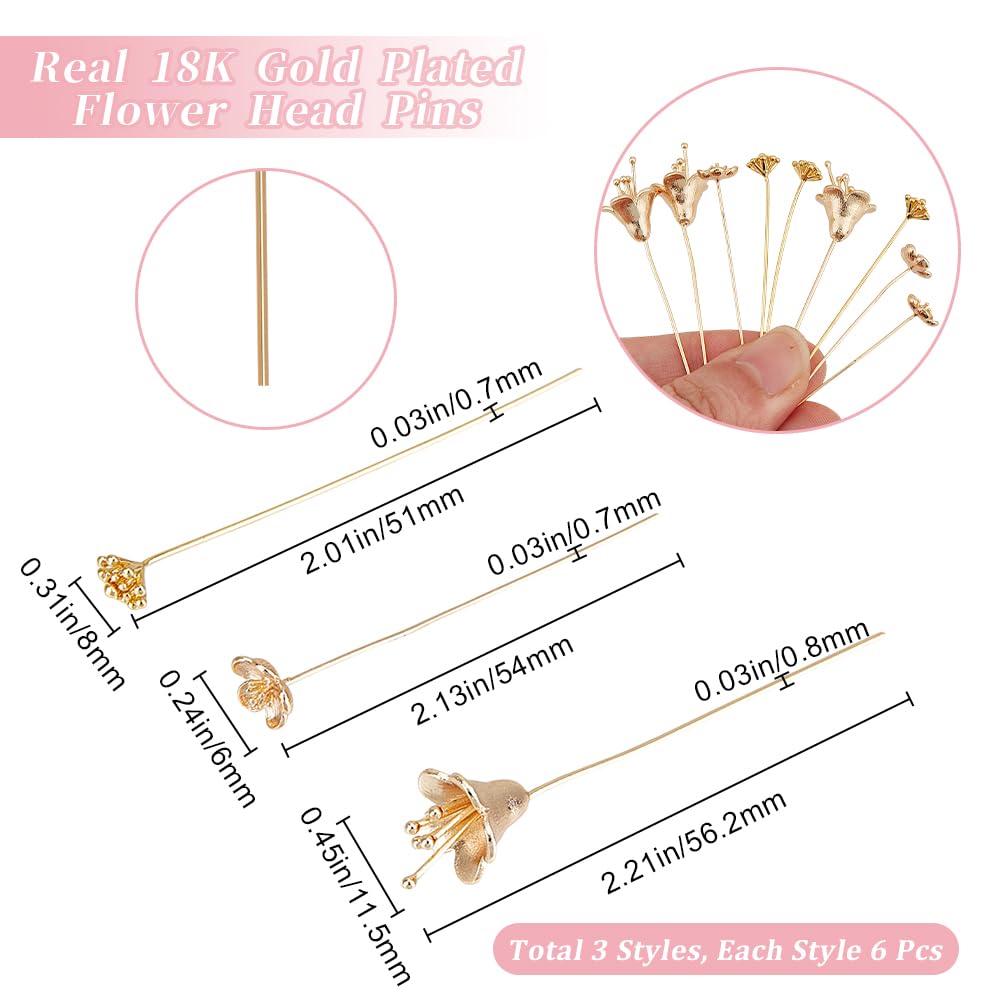 Beebeecraft 18Pcs 3 Styles Ball Head Pins Brass Flower Shape Eye Pin Real 18K Gold Plated Long Wire Needle Headpins Stick Pin for Jewelry Making Earrings Supplies DIY Craft Findings