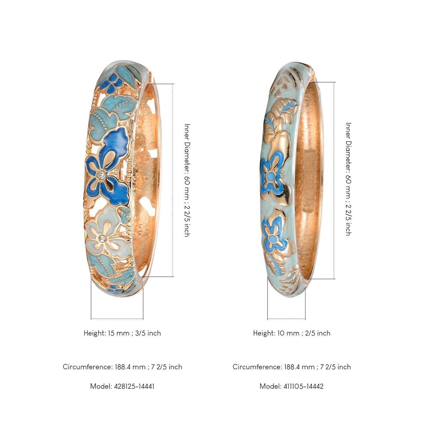 UJOY Women Cloisonne Bracelets Cuff Open Indian Butterfly Enameled Hinged Bangles 2 Pcs Set 88A09-55A102 Light Purple