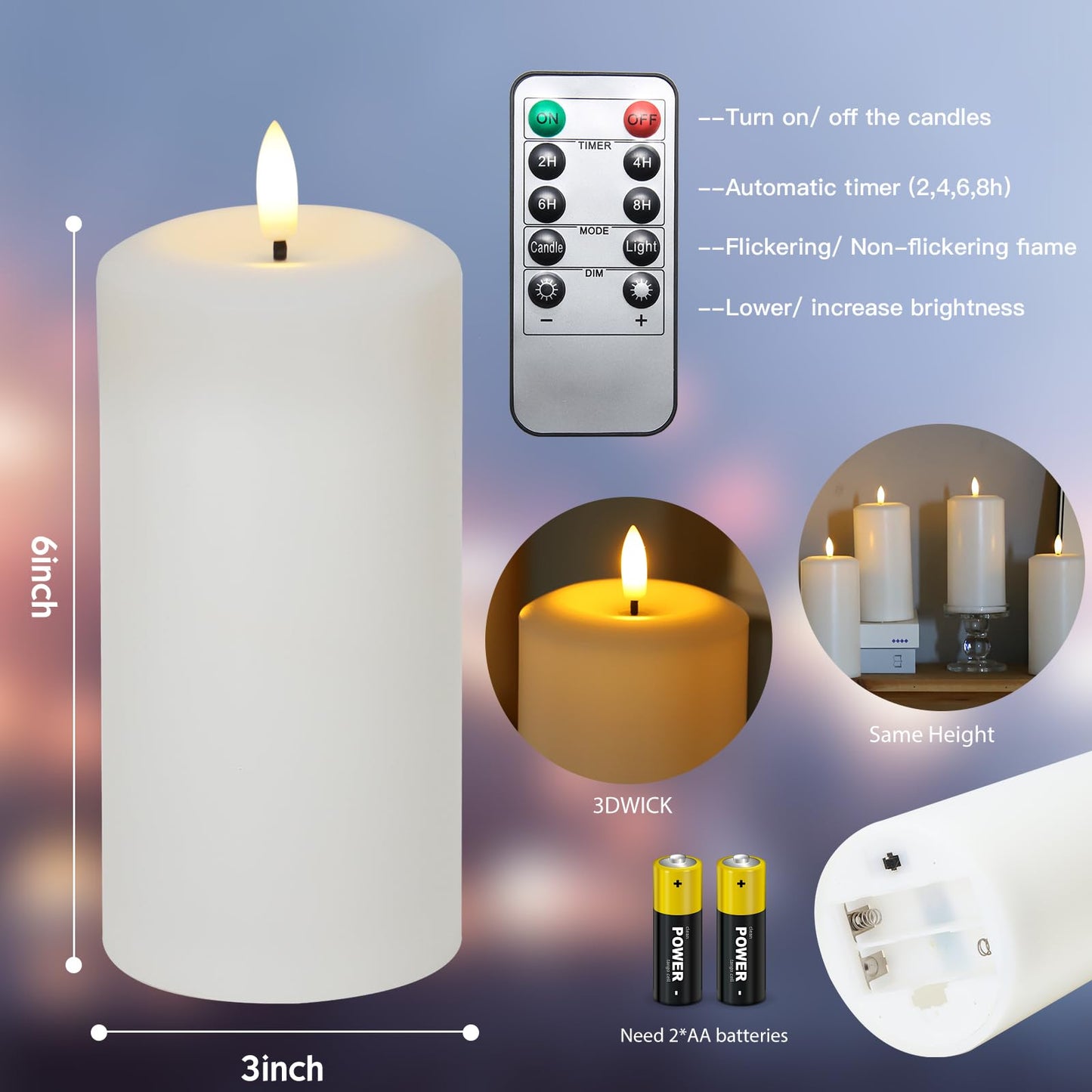 Hinabichan Flameless Candles Battery Operated with Remote and 2/4/6/8 H Timer, 6pcs Flickering Fake Electric Candles for Festival Wedding Home Party Decor (D3 x H 6") (White)"