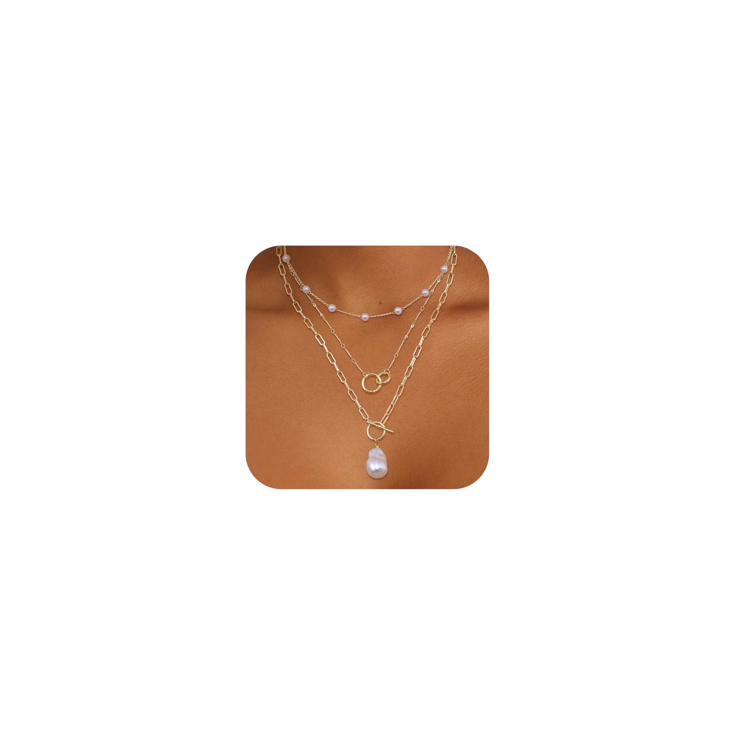 ORAZIO Layered 14K Gold Plated Necklaces for Women Dainty Necklace Stack Silver Plated Non Tarnish Free Pendant Chunky Chain Pearl Paperclip Cross Heart Necklace Set for Women B