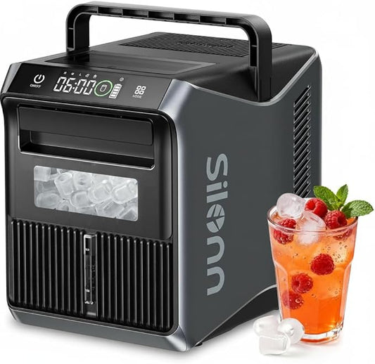 Silonn Battery-Powered Ice Maker with 4-Power, RV Ice Maker Countertop 12V/24V Car Charger 100-240V AC Solar-Ready, Portable Ice Machine 9 Cubes/6 Mins 22lbs/Day Auto-Clean for Camping RV Home Outdoor