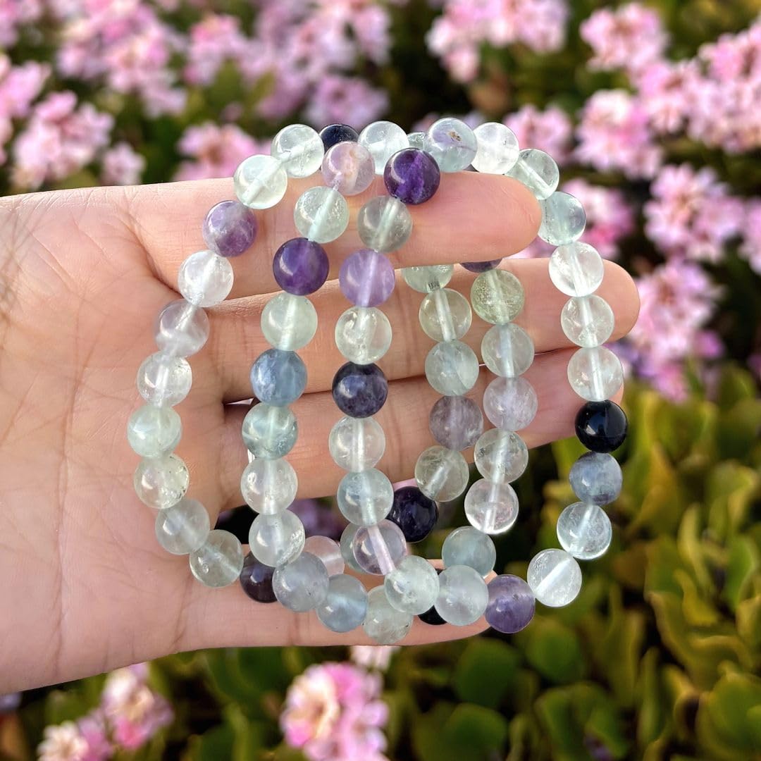 Adabele Real Natural Multicolor Fluorite Gemstone Beaded Bracelet 8 inch Stretch Chakra Healing Crystal Stone Jewelry Women Mom Gift GB8-C2