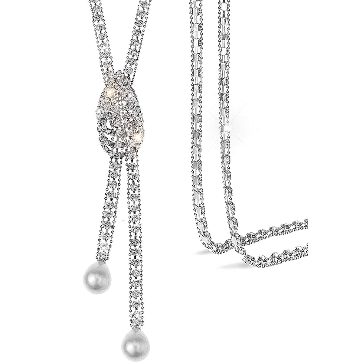 Suyi Trendy Crystal Long Necklace All-Match Style Shining Clothing Sweater Chain Pearl Silver