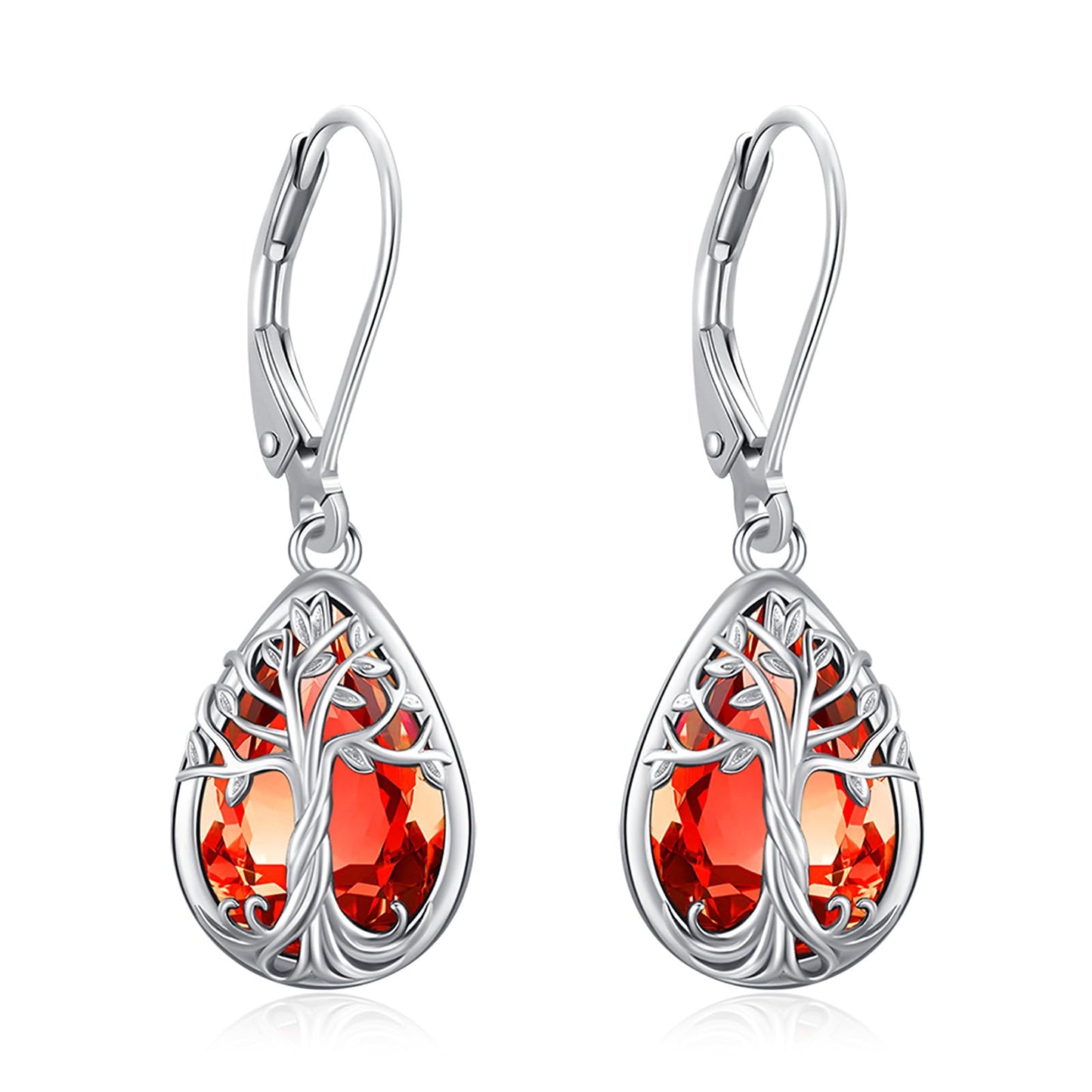 Eusense Sterling Silver Tree of Life Earrings with Ruby Red July Birthstone Jewelry Teardrop Dangle Leverback Earrings Tree of Life Jewelry Gift for Women