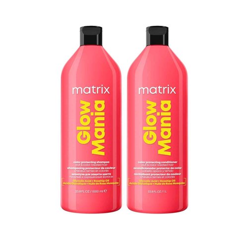 Matrix Glow Mania Color Protecting Shampoo and Conditioner Set | Color Care | Color Glow | Hair Shine | Glycolic Acid & Rosehip Oil | Sulfate-Free | For Dull & Color-Treated Hair | 33.8 fl oz