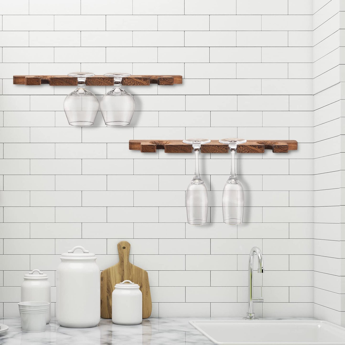 Ripeng 4 Pcs Wall Mounted Wood Stemware Rack Champagne Holder Rustic Wine Glass Hanging Shelf Wood Floating Glassware Wall Holder for Party Kitchen Bar Organizer 17 x 3 x 0. 8 Inch (Dark Brown)