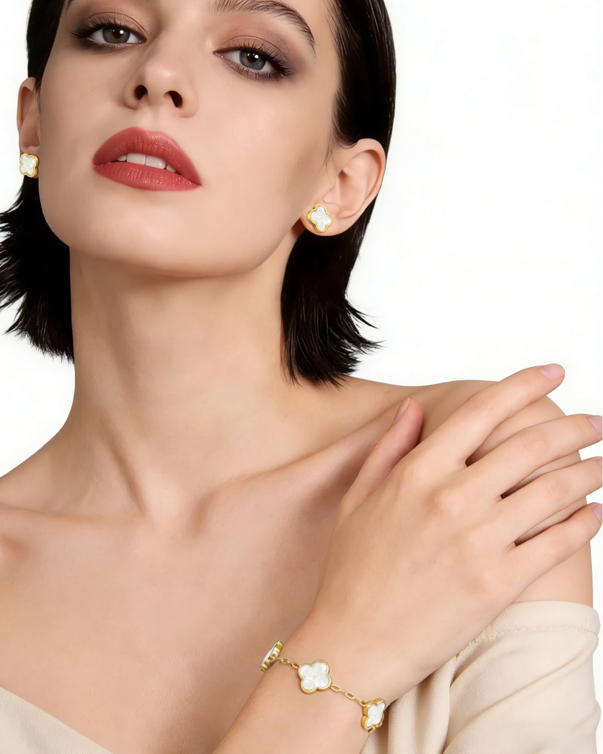 Aimétte Monette 18K Gold Plated Jewelry Set, Clover Bracelets and Stud Earrings Set Women's Hypoallergenic White Gold Lucky Clover Bracelet Fashion Gifts for Women Trendy