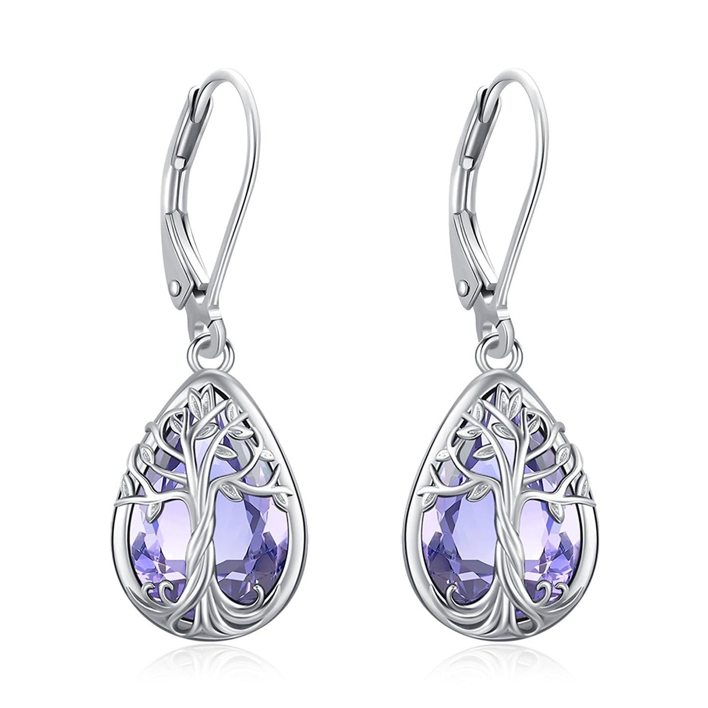 Eusense Tree of Life Earrings 925 Sterling Silver Drop Dangle Earrings with Alexandrite Purple June Birthstone Leverback Tree of Life Jewelry Gift for Women