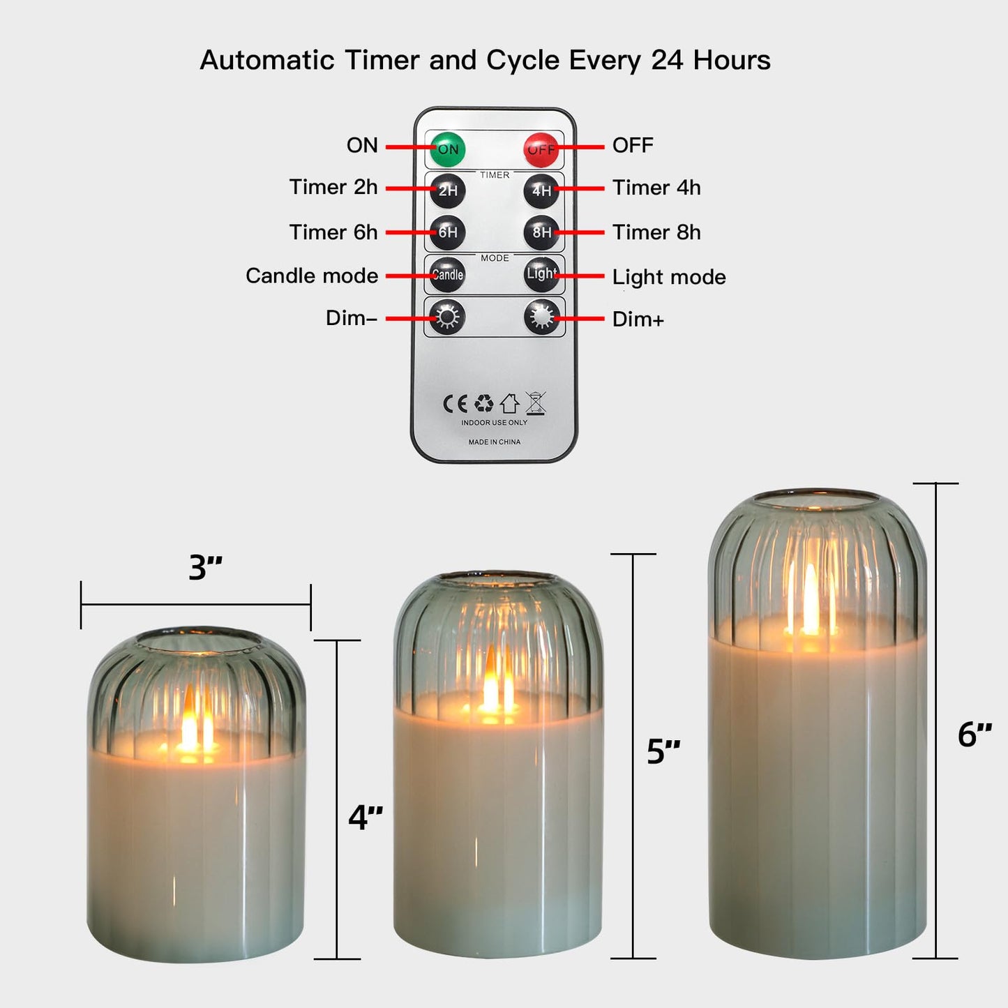 MUMCHASI Green Flameless Battery Operated Candles with Remote, Set of 5 Glass Jar LED Candles with Dancing Flame, Flickering Electric Candlelight for Home Wedding Party Decor H4”5”5”6" 6”"
