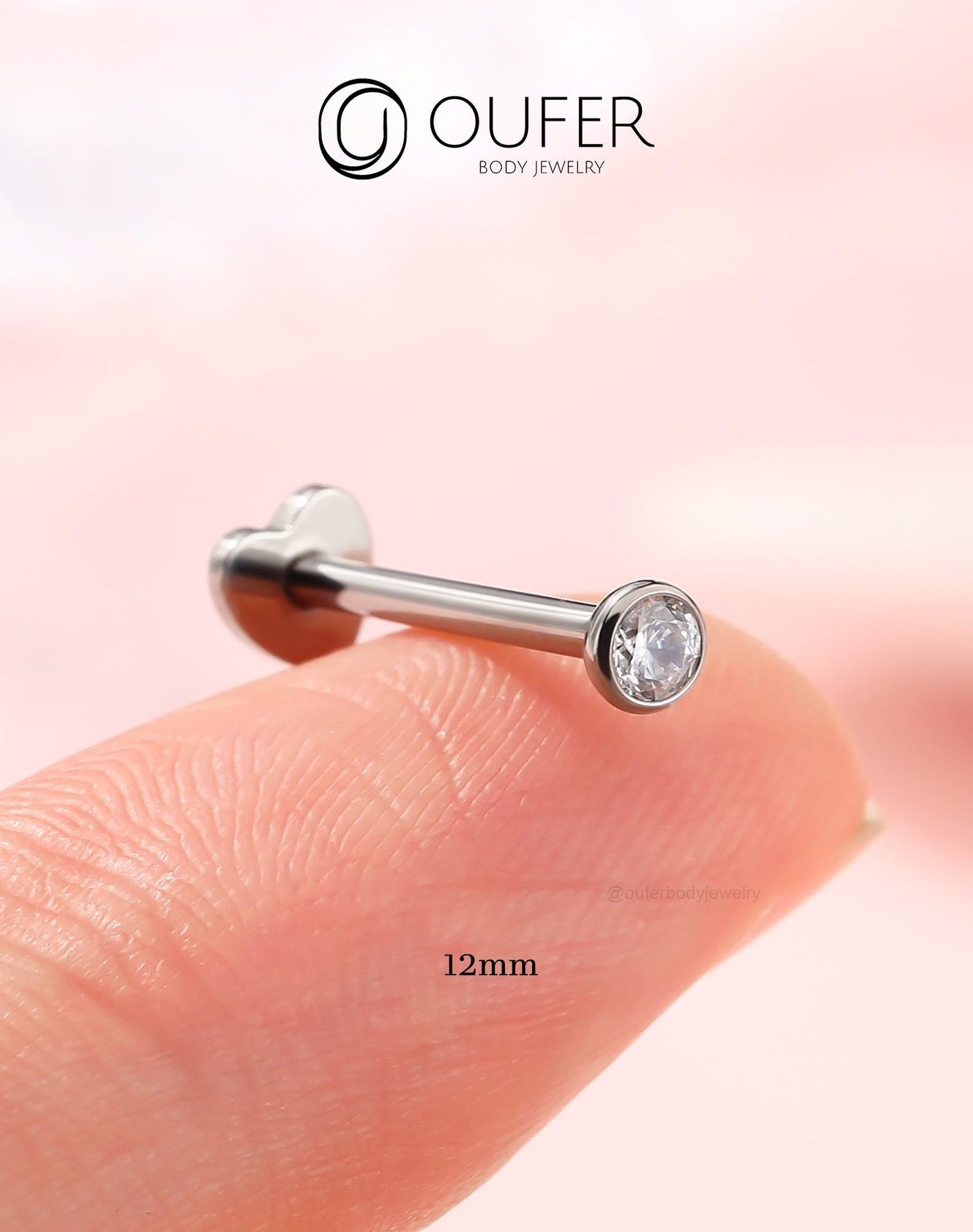 OUFER 2Pcs Conch Earring, 16G G23 Solid Titanium Threadless Stud Earrings Flat Back Heart Shaped Tiny CZ 3MM Silver Helix Cartilage Conch Lobe Piercing Jewelry for Women Men-12MM