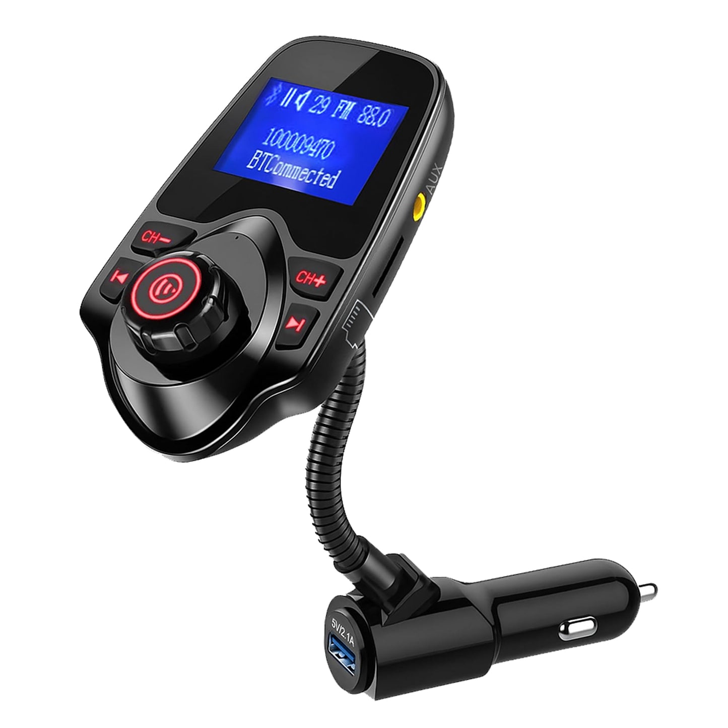 ONN Upgraded 2025 Car Bluetooth FM Transmitter – 1.44" Display, Flexible Gooseneck, Hands-Free Calls, Wireless Music Player, Radio Adapter, USB Charger, Micro SD Card & AUX Support