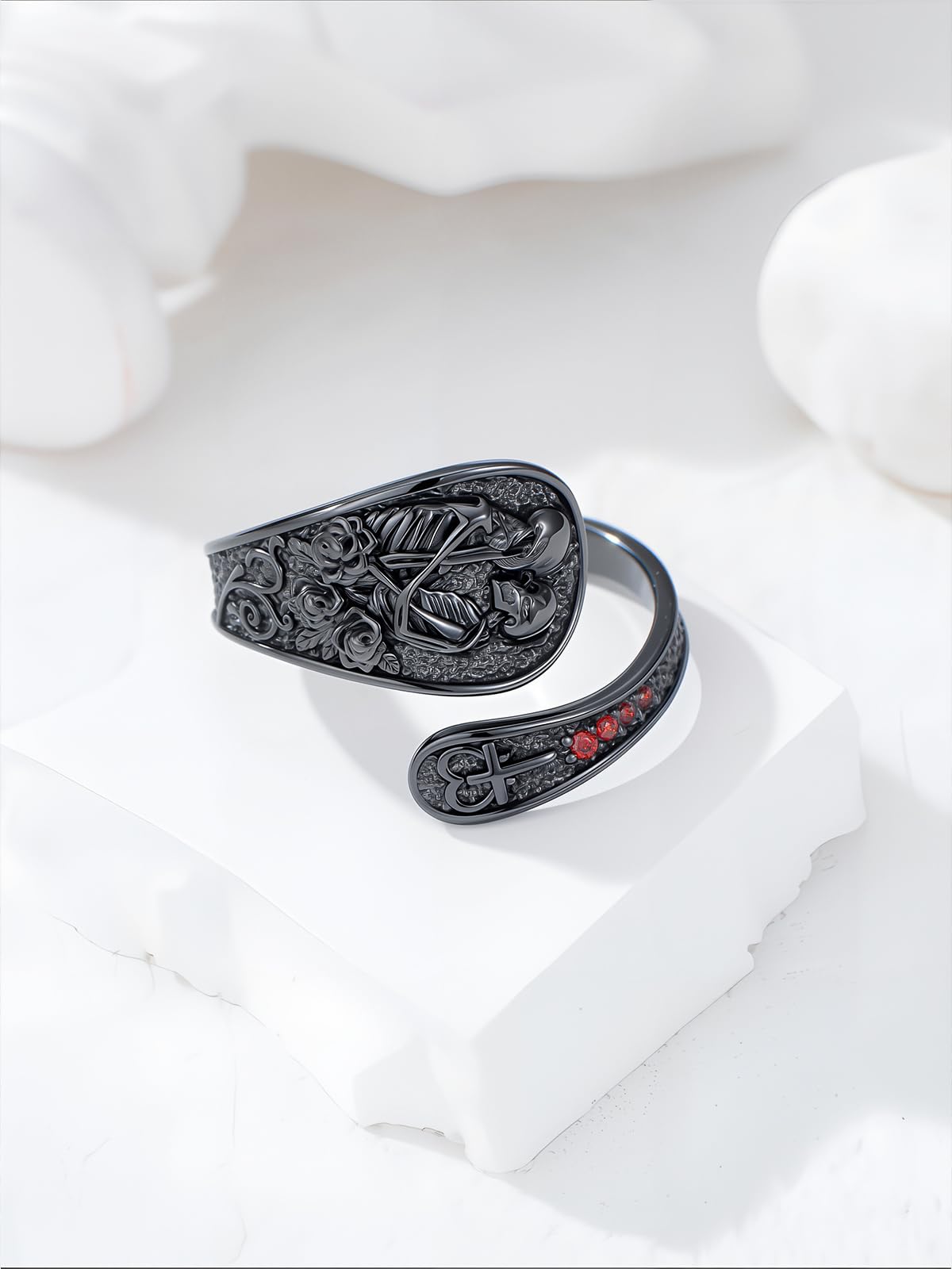 Midari Skull Couple Spoon Rings for Women 925 Sterling Silver Black Adjustable Punk Skull Rings Open Antique Skeleton Spoon Rings Jewelry for Women Hallowee Birthday Christmas Gifts