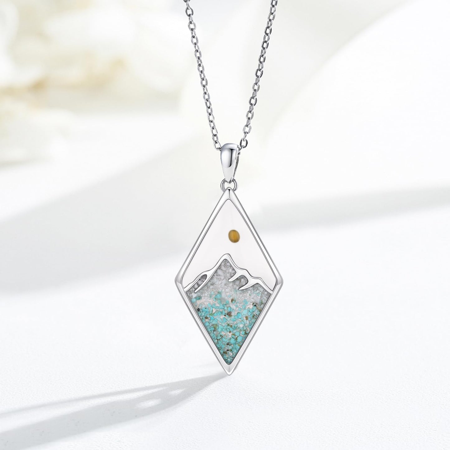Suiknsn Mountain Necklace 925 Sterling Silver Mustard Seed Faith Necklace Turquoise Mountain Pendant Necklace Outdoor Hiking Jewelry Graduation Gifts for Women Daughter