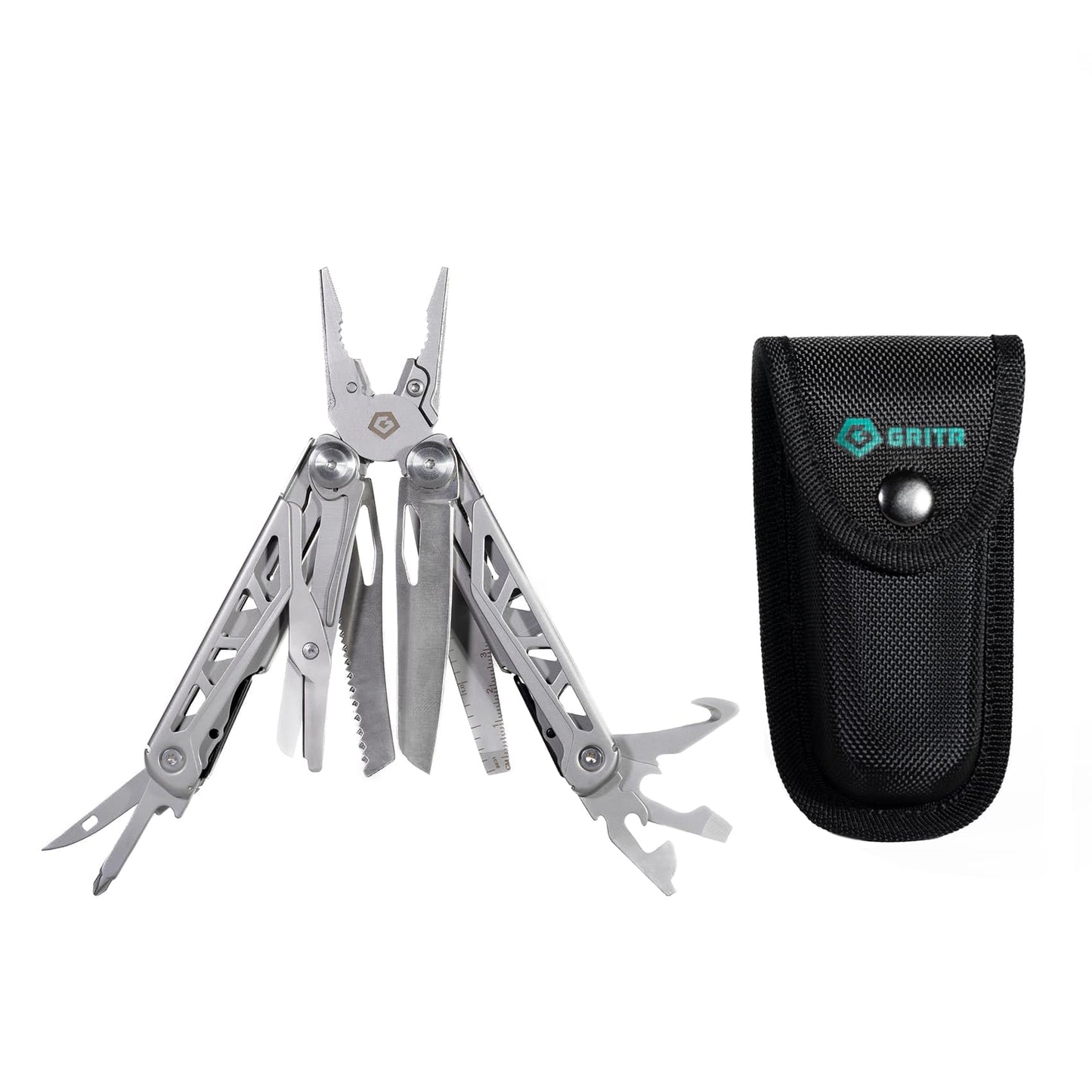 GRITR 13-in-1 Stainless Steel EDC Multitool w/Nylon Sheath - Outdoor Tool w/Needle Nose Pliers, Pocket Knife, Scissors, Bottle Opener, Cutters - Camping Hiking Fishing Survival Gear