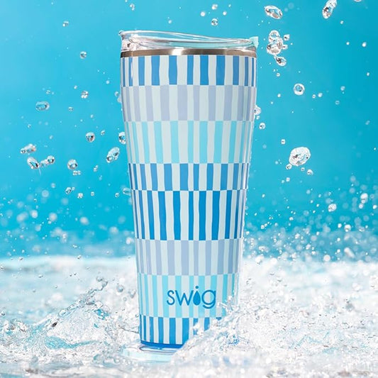 Swig Life 32oz Insulated Tumbler, Travel Coffee Tumbler with Lid, Cup Holder Friendly Travel Coffee Mug, Stainless Steel, 32 oz, Reusable Insulated Mug with Lid (Glacier Stripe)