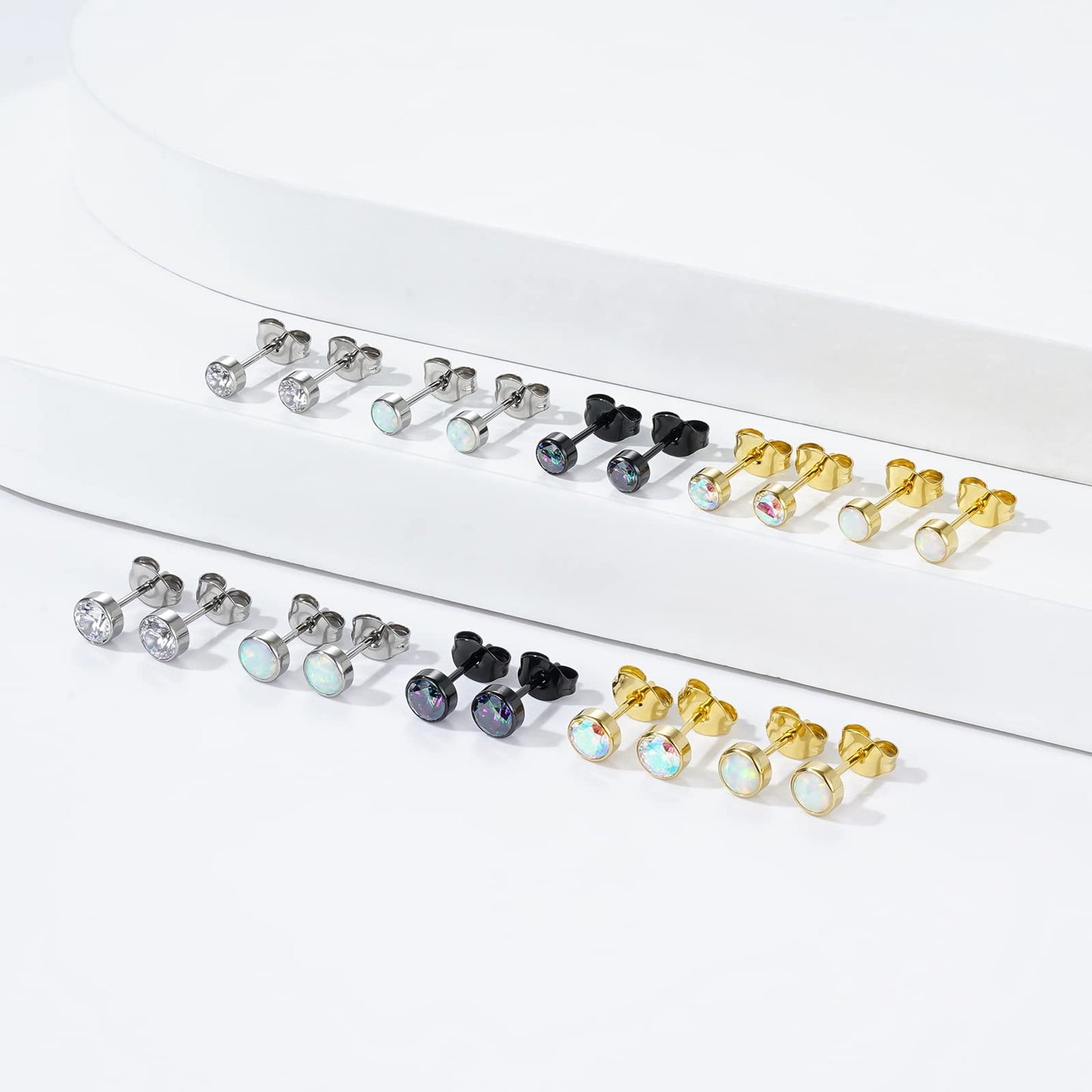 1 Pair G23 Titanium Stud Earrings Set Hypoallergenic 3mm 4mm 5mm 6mm Cubic Zirconia Studs for Women Men for Sensitive Ear (5mm bezel gold white opal)