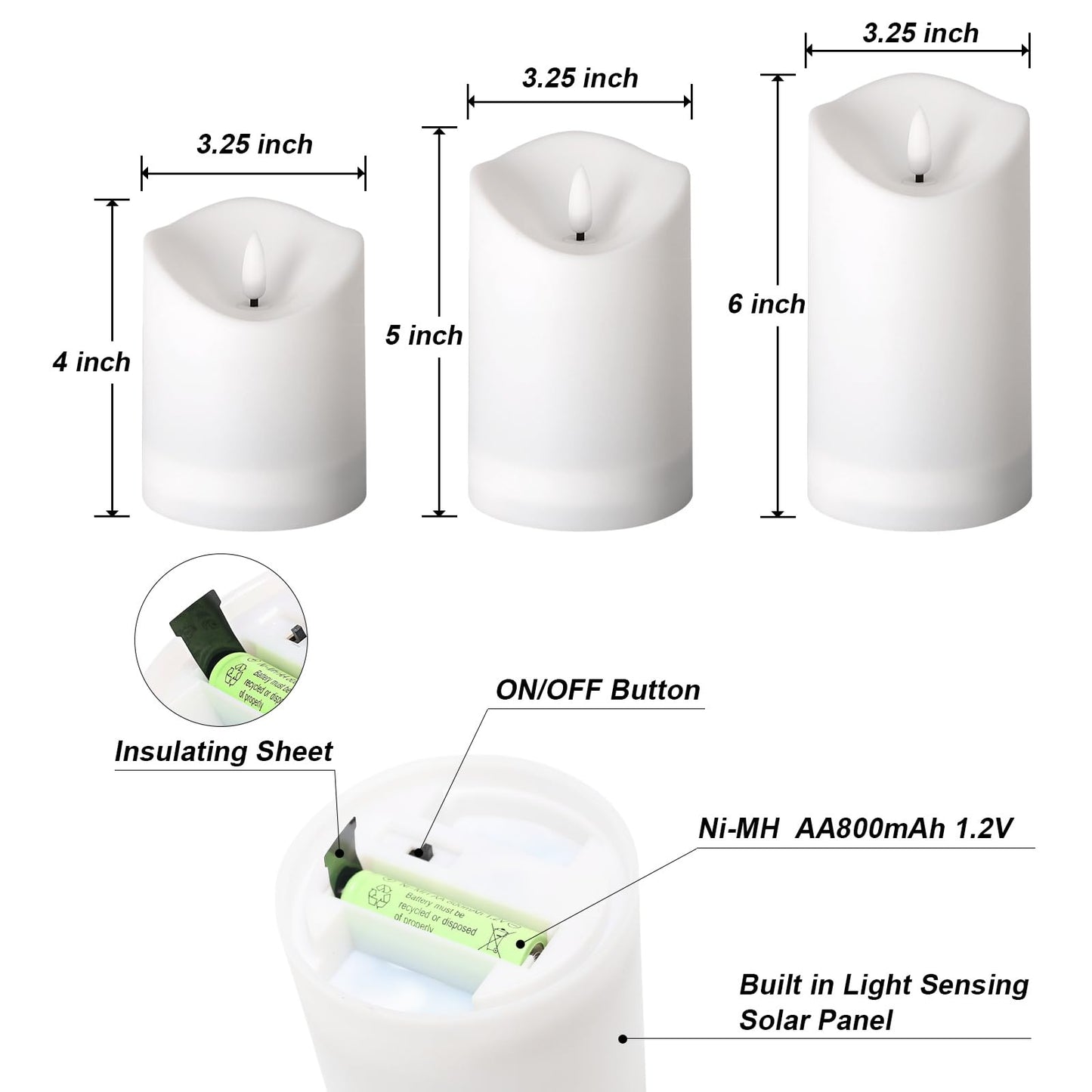 ARIKJ Solar Candles Outdoor Waterproof, Flameless LED Candles Rechargeable, Solar Powered Pillar Candles Dusk to Dawn for Patio Lantern Garden Table Decorations, Set of 3, 3.25" X 4"5" 6"