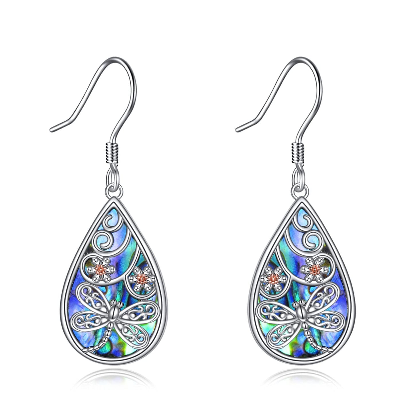 POPLYKE Dragonfly Earrings 925 Sterling Silver Leverback Earrings for Women Teardrop Abalone Earrings Dangle Dragonfly Jewelry Gifts
