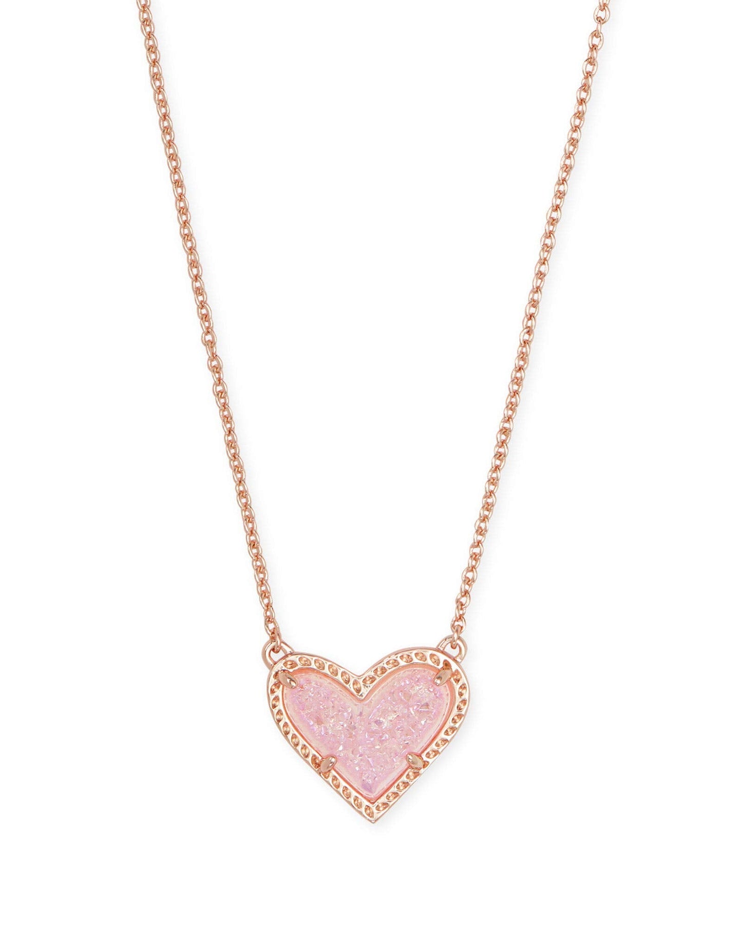 Kendra Scott Ari Heart Adjustable Length Pendant Necklace for Women, Fashion Jewelry, 14k Rose Gold-Plated, Pink Drusy