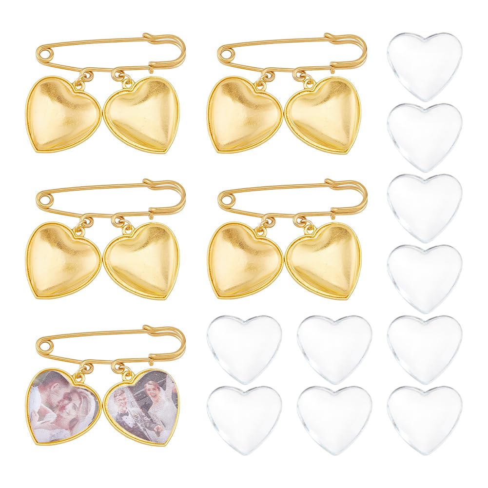 SUPERFINDINGS 5 Set Wedding Bouquet Photo Charm Gold Bridal Brooches Pins DIY Pin Brooch Making Kit Alloy Double Heart Style Pendant Memorial Photo Charm for Women Wedding Memory Bridal Jewelry Gift