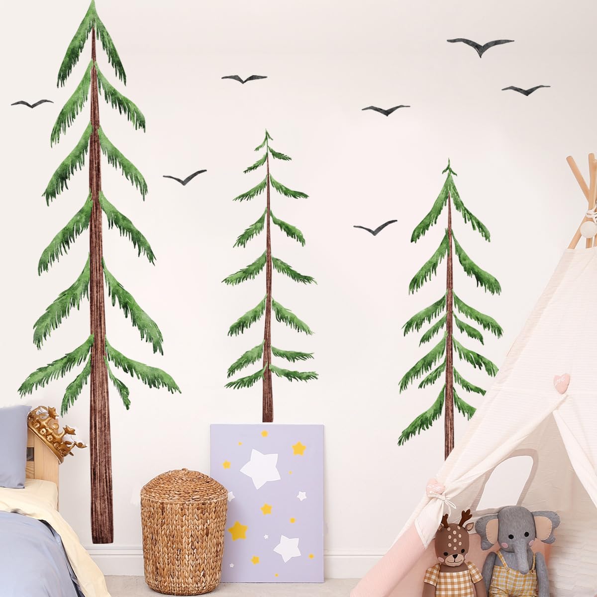 LiveGallery Removable Large 3 Pine Brown Tree Wall Decals Green Leaf With Black flying Birds Wall Sticker DIY Peel and Stick Plants Wall art Decor for Kids Girls Boys Teens Nursery Bedroom Living Room