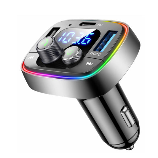 LIHAN USB C Bluetooth Car Adapter, AUX Wireless FM Radio Transmitter, Hands-Free Calling & Audio Receiver, MP3 Music Player, QC3.0 & Type-C PD Fast Charging,7 Colors LED Backlit, Support USB/TF Drive