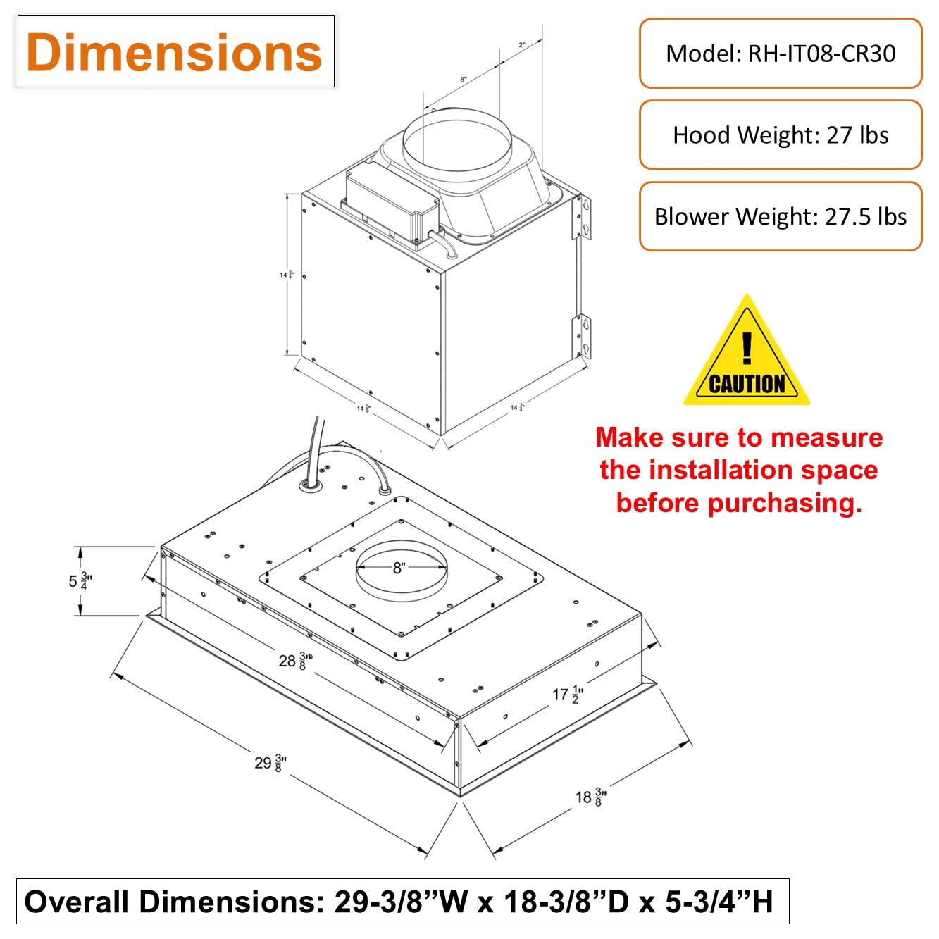 Awoco 30”W Flush Ceiling Mount Split Insert Range Hood, Stainless Steel 4 Speeds 1000 CFM, 8” Round Top Vent LED Lights Remote Control (30"W 19"D 8" Vent)