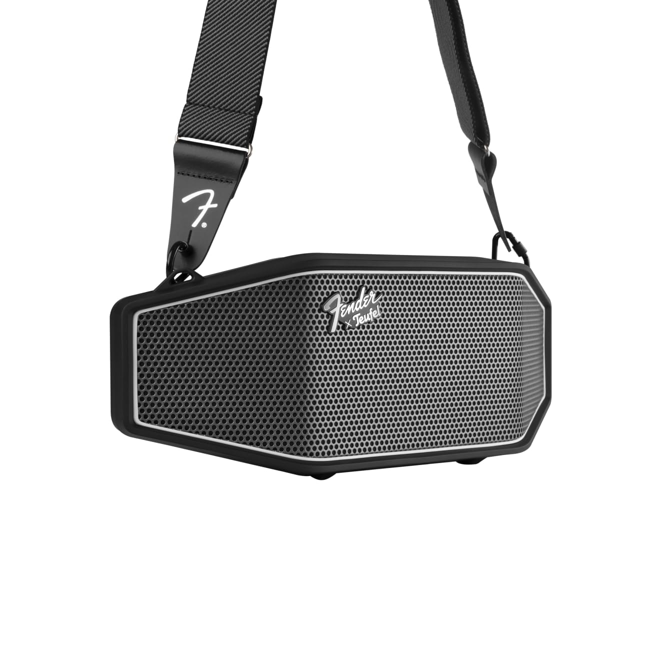 Fender x Teufel ROCKSTER CROSS Portable Wireless Bluetooth Speaker – Rugged, Waterproof, 16 Hours of Battery, Powerful Stereo Sound, Subwoofer, Built-in Power Bank, Fender Guitar Strap (Black & Steel)