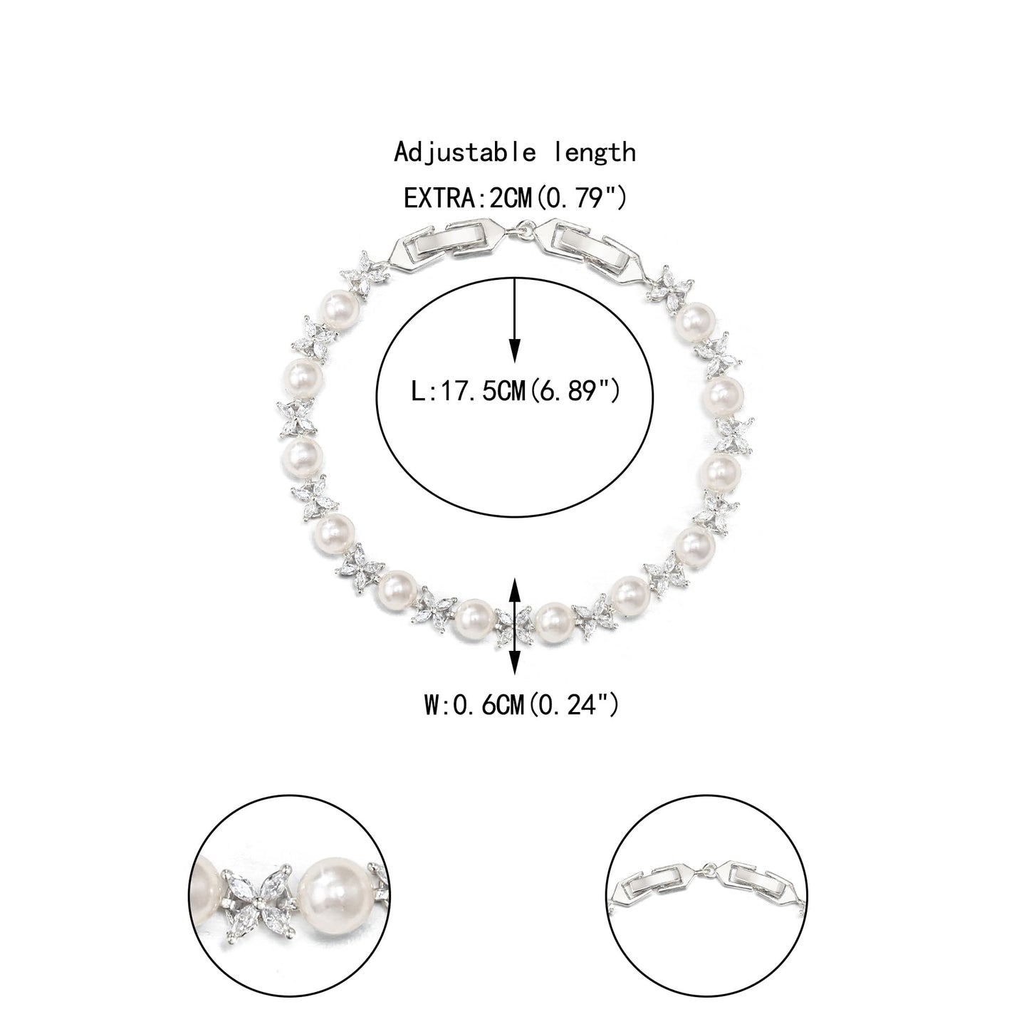 EVER FAITH Wedding Jewelry for Bride White Marquise Cubic Zirconia Cream Faux Pearl Floral Bridal Prom Tennis Bracelet for Women Clear Silver-Plated-Brass