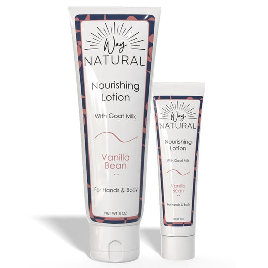 Way Natural Nourishing Goat Milk Lotion, Vanilla Bean - Home & Away Set, Natural Hand & Body Vanilla Lotion for Dry Skin - Goat Milk Hand Cream for Women & Men - 8oz & 2oz Travel Size Tube