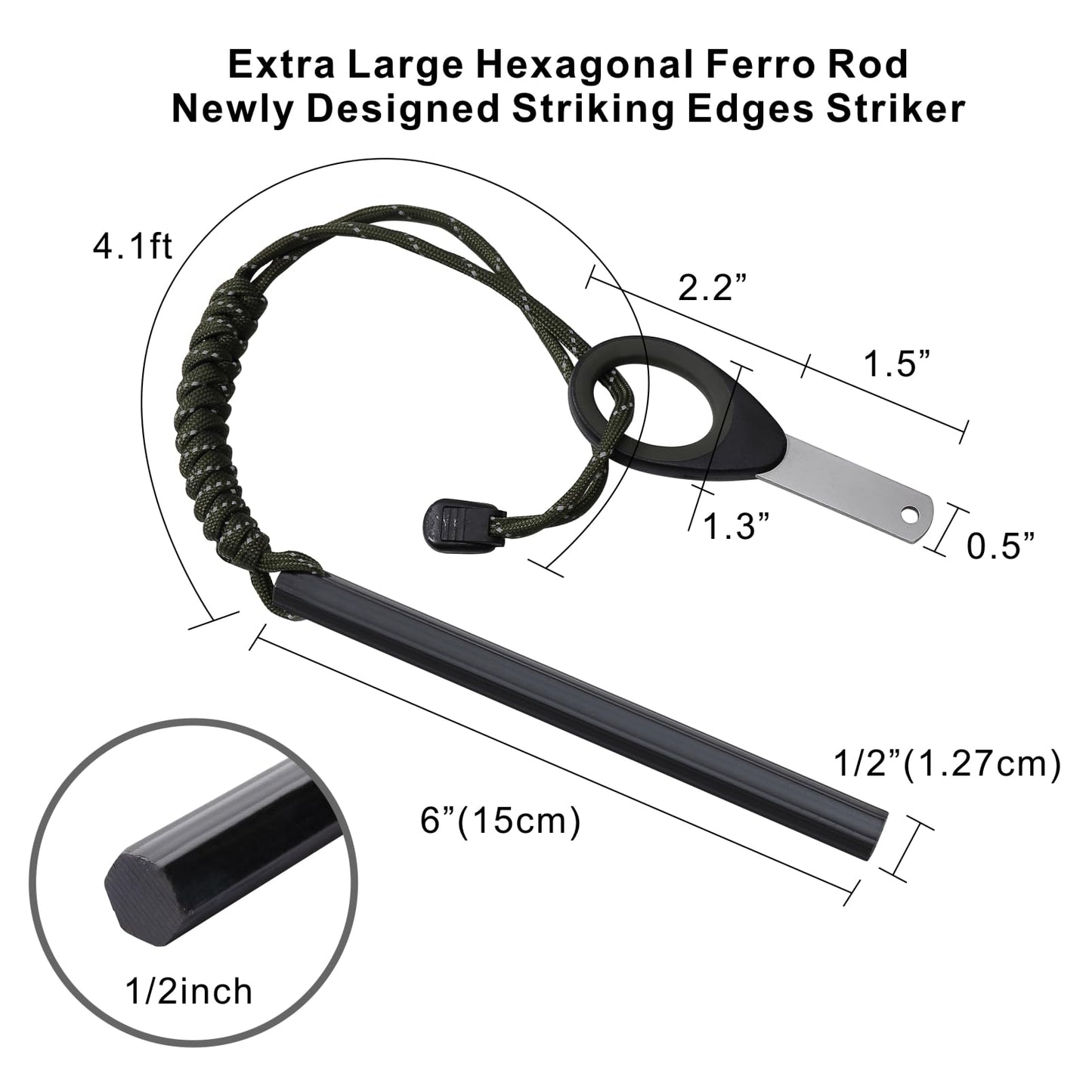 Flint and Steel Fire Starter Kit, 6-inch x 1/2-inch Ferro Rod with Paracord Lanyard Handle and New Striker, Thick Fire Steel up to 20,000 Strikes, Emergency Survival Tool for Hiking and Camping (2)