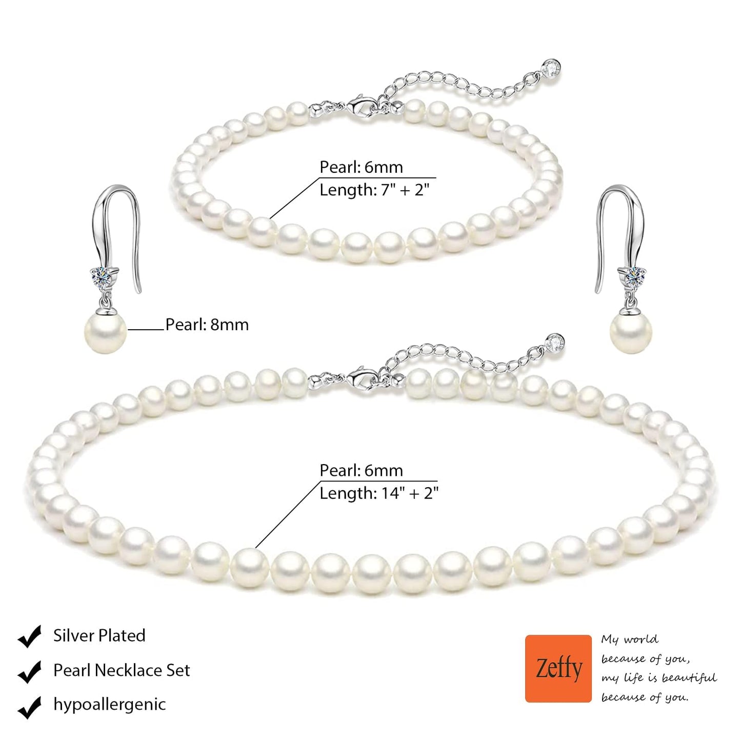 Zeffy Pearl Necklace and Earring Set for Women, White Round Faux Pearl Necklace Bracelet Earring Set Jewelry for Brides 3PCS