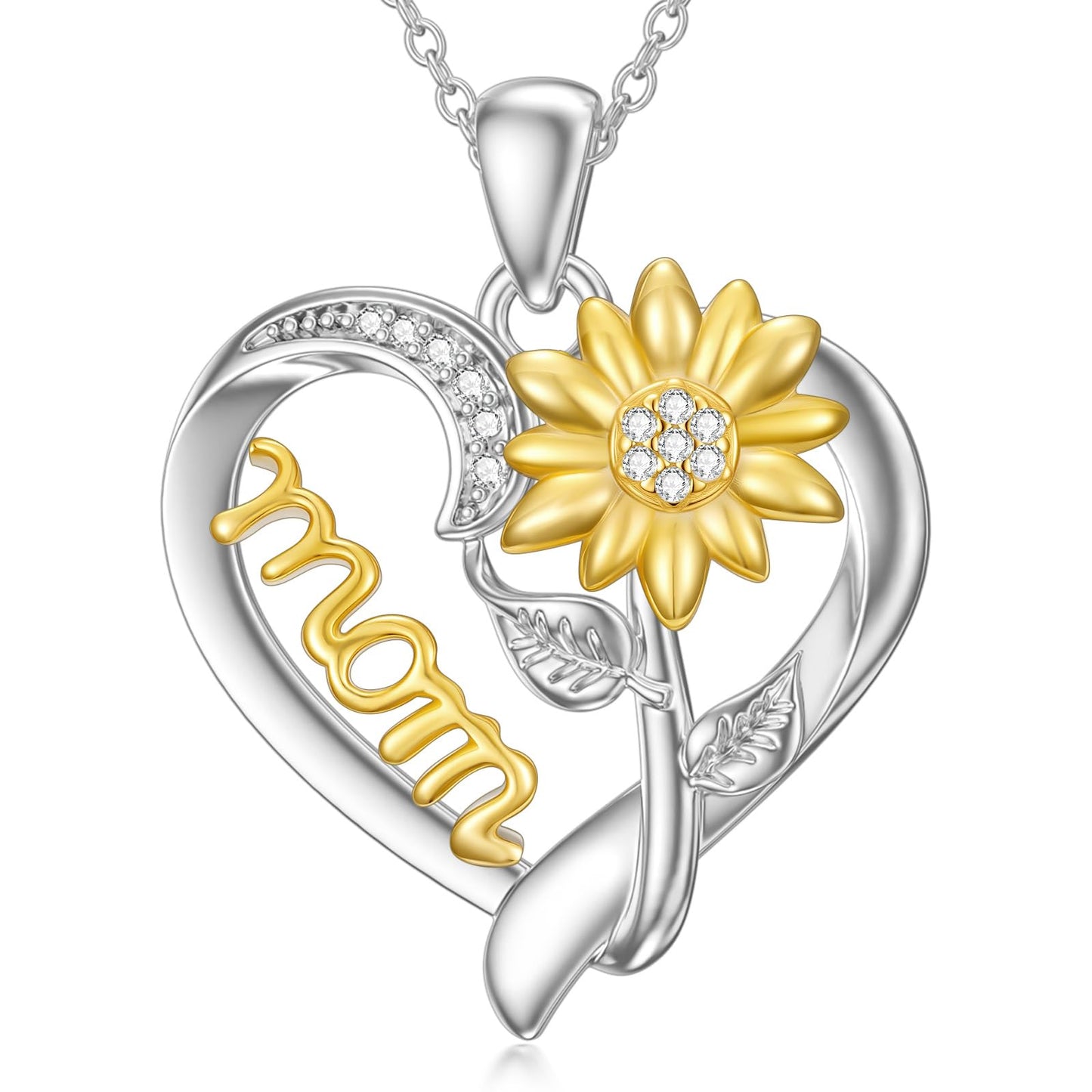 ZBA Real Diamond Sunflower Necklace for Mom, 925 Sterling Silver Sunflower Necklace for Mom Sunshine Gifts Fine Jewelry Anniversary Valentines Birthday Mothers Day Gifts for Mother Grandmother from Daughter Son