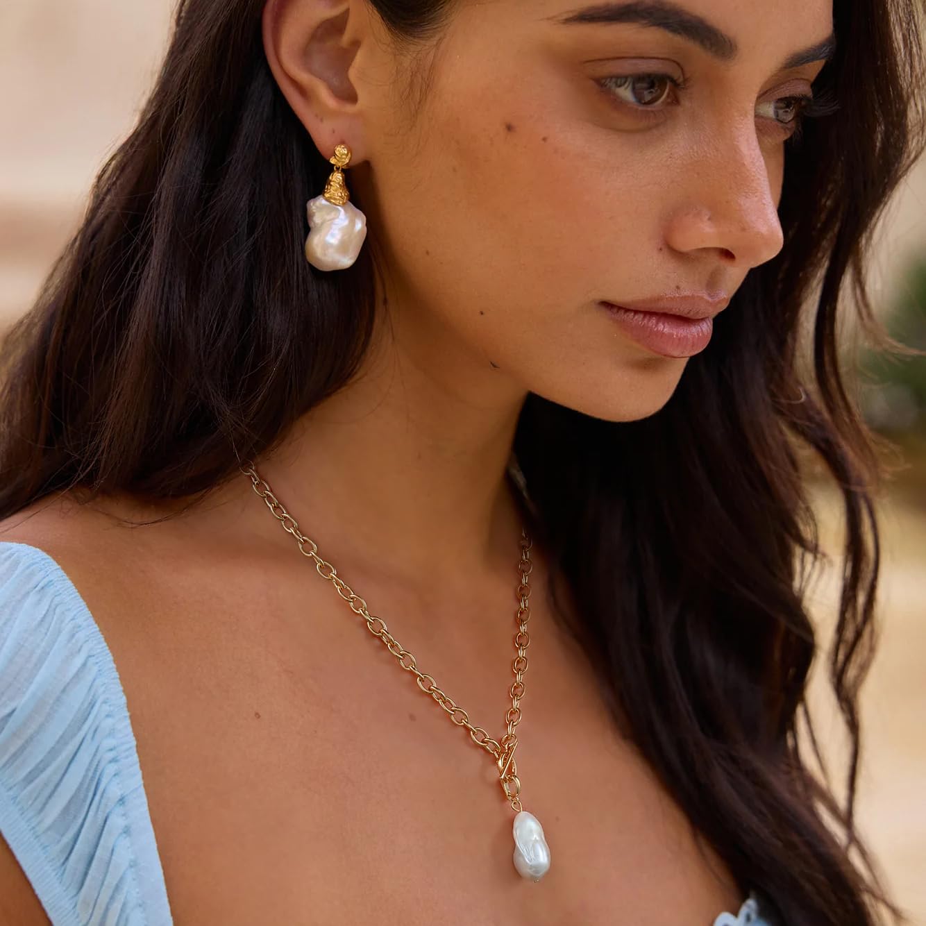 Large Freshweater Baroque Pearl Pendant Necklace for Women Chunky Single Irregular Pearl Chain Choker Handmade 14K Gold Plated Thick Link Chain with Toggle Clasp Vintage Summer Jewelry Gifts 18''