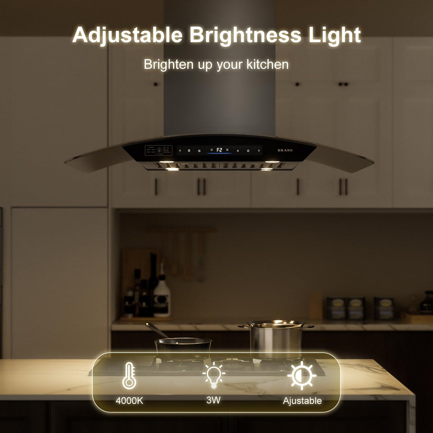 BRANO 36 Inch Island Range Hood, 900 CFM Voice/Gesture/Touch Control Ceiling Vent Hood with 4 Speed Exhaust Fan, 4 LED Lights, Memory Mode, Ducted/Ductless Convertible with 2 Charcoal Filter