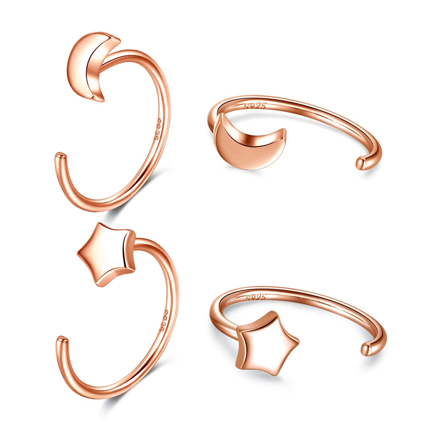 Half Hoop Earrings 18K Rose Gold Plated 925 Sterling Silver Moon Star Half Hoop Earrings Crescent Moon Open Huggie Hoops Little Huggy Earrings for Women 2 Pairs