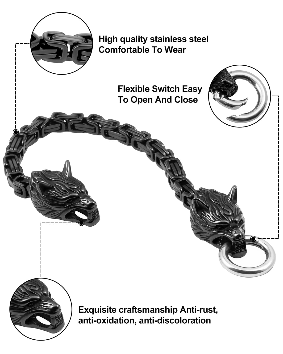 LuxGoth Stainless Steel Wolf Head Heavy Cuban Link Chain Bracelet Gothic Punk Rock Biker Vintage Viking Animal Franco Link Curb Bracelet Jewelry for Men Black GTS-B1B45901