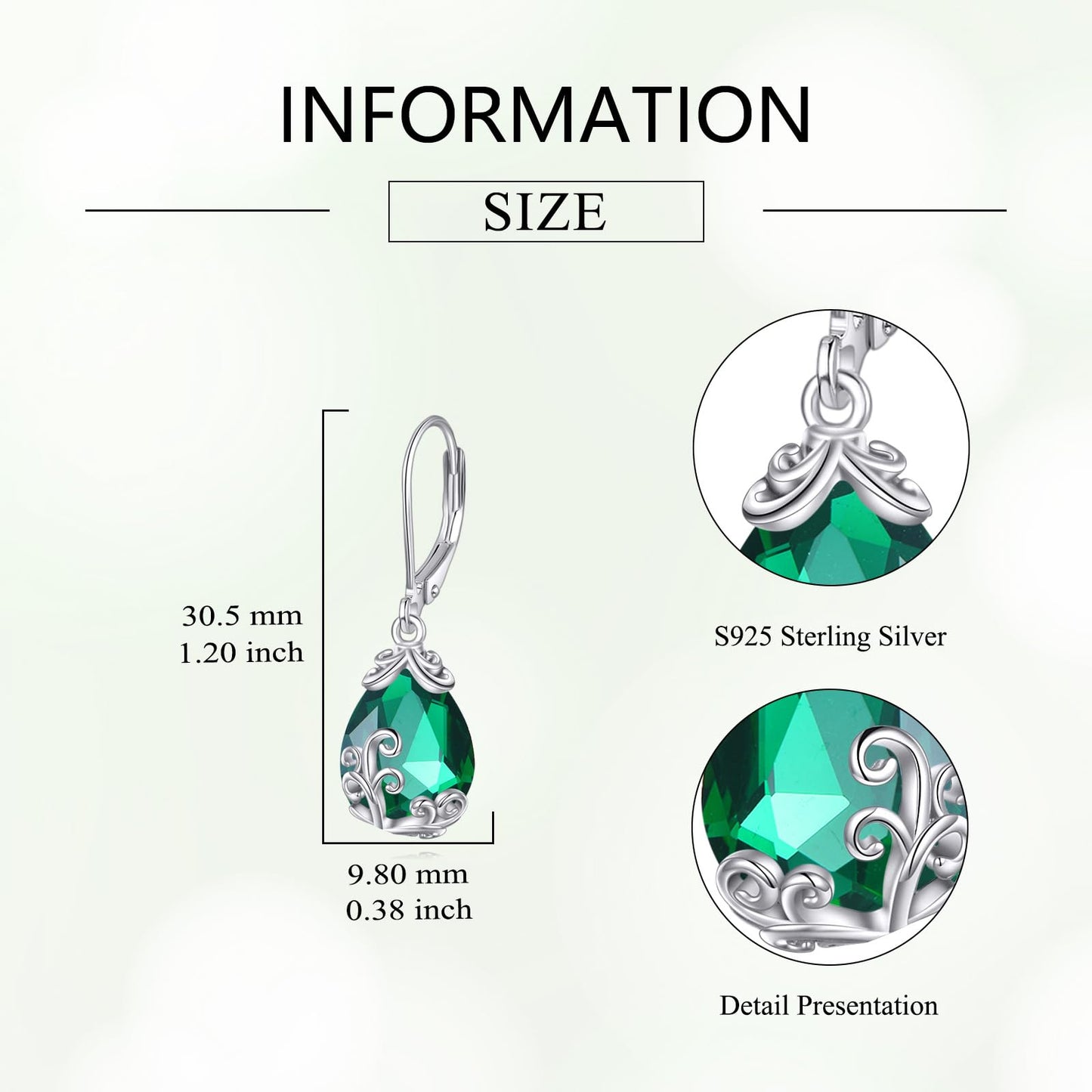 POPLYKE BirthStone Filigree Teardrop Drop Dangle Earrings Sterling Silver Emerald Leverback Earrings May Birthstone Jewelry Gifts for Women