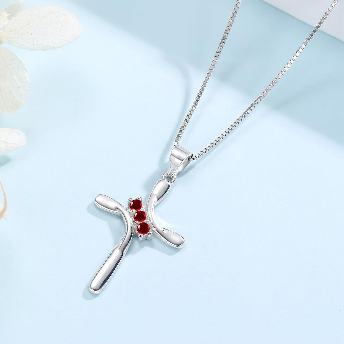 EVERU S925 Sterling Silver Cross Necklace for Women Birthstone Necklace with Cubic Zirconia 18K Gold Plated Cross Pendant Jewelry Ideal Gift Red Garnet January