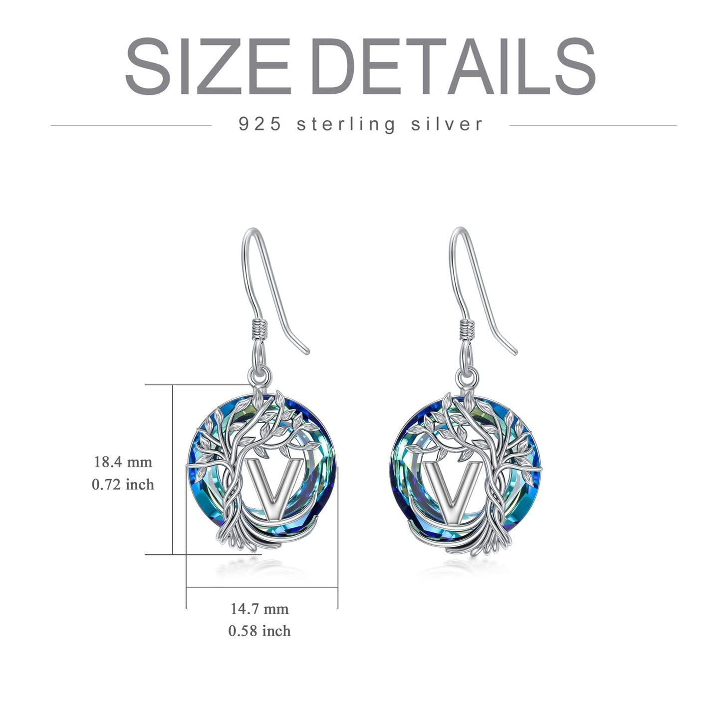 TOUPOP Tree of Life Initial Earrings Sterling Silver Initial V Letter Drop Dangle Earrings Blue Circle Crystal Family Tree Jewelry Birthday Mothers Day Gifts for Women Mom Her