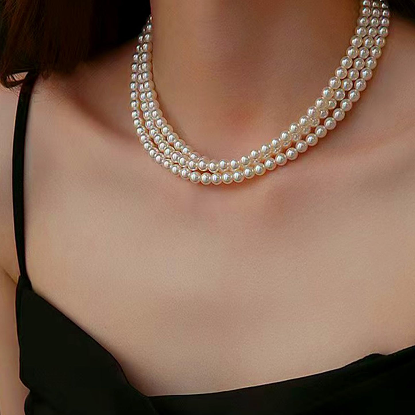 Zeffy Pearl Choker Necklace Round Imitation Pearl Necklace Multi Strands Choker Wedding Party Prom Vintage 1920s Short Choker Necklace for Women